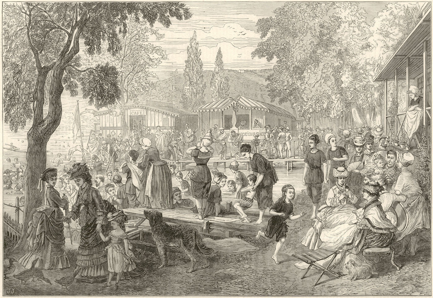 Paris in Summer: Bain à la Grenouillère, at Croissy 1875 old antique print